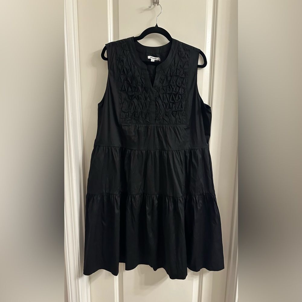 Chico’s Poplin Smocked Midi Dress SZ 3 US 16 Sleeveless Split Neck Pocket Black - Picture 2 of 10